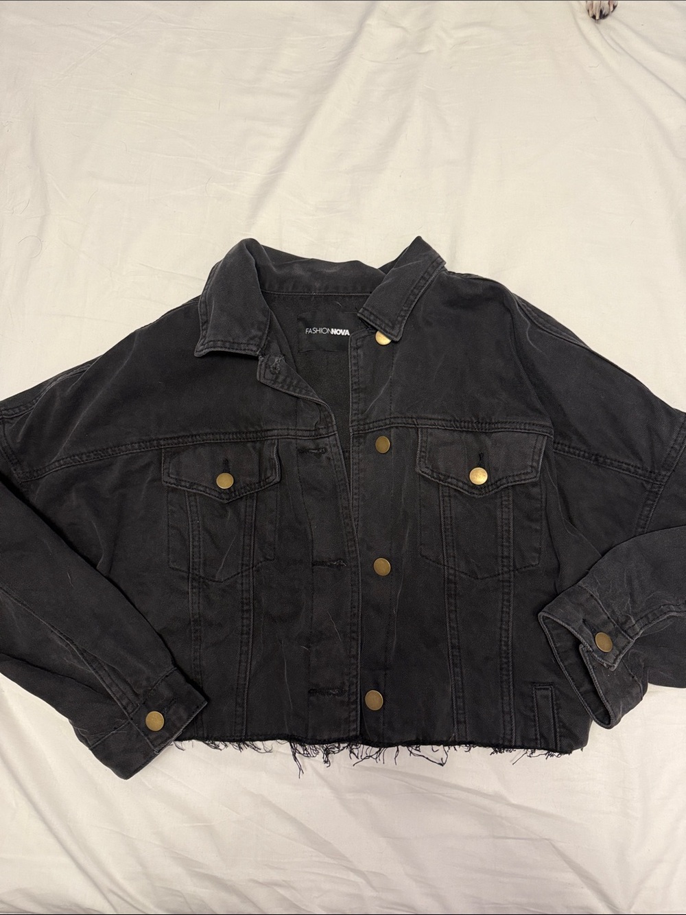 Fashion Nova Black Cropped Denim Jacket with Frayed Hem and Brass Buttons